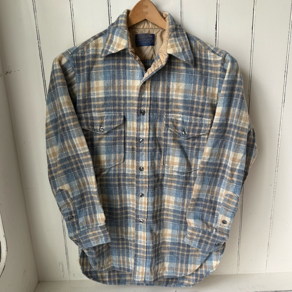 Pendleton Vintage Plaid Blue & Tan Wool Button Up